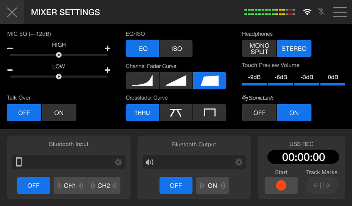Mixer settings screen